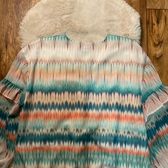 INC Women's Blouse Size Medium Long Sleeve Colorful Tie Neck Ruffle Elastic Wst - Picture 8 of 11